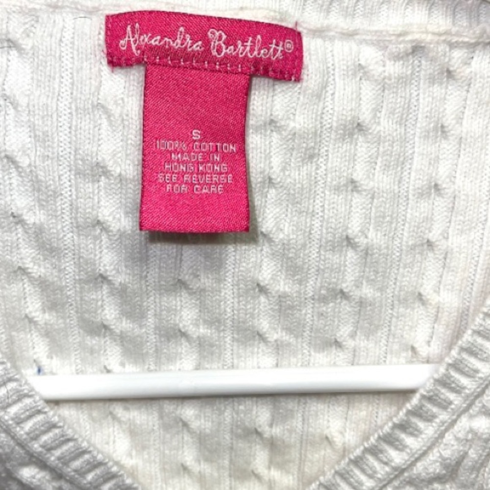 Alexandra Bartlett 100% Cotton White V-Neck Cable Knit Short Sleeve Sweater Top - Picture 2 of 4